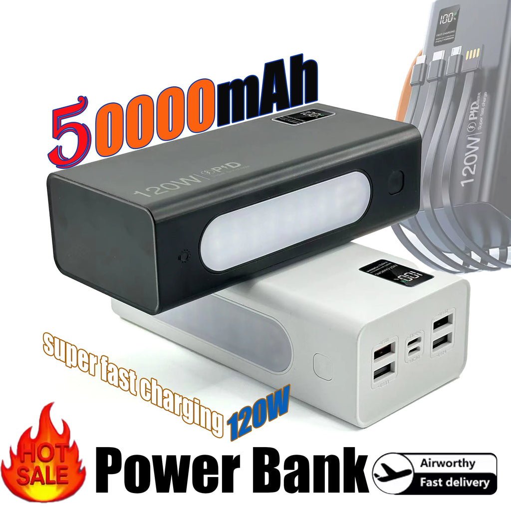 120W 50000mAh High Capacity Power Bank 4 in 1 Cables Super Fast Charging Power Bank Portable Charger For iPhone Samsung Oasis Select