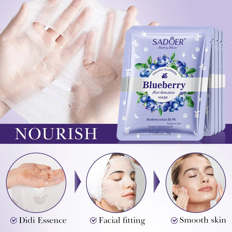 SADOER Blueberry Hyaluronic Acid Face Mask – 5-Pack Hydrating Sheet Mask Oasis Select