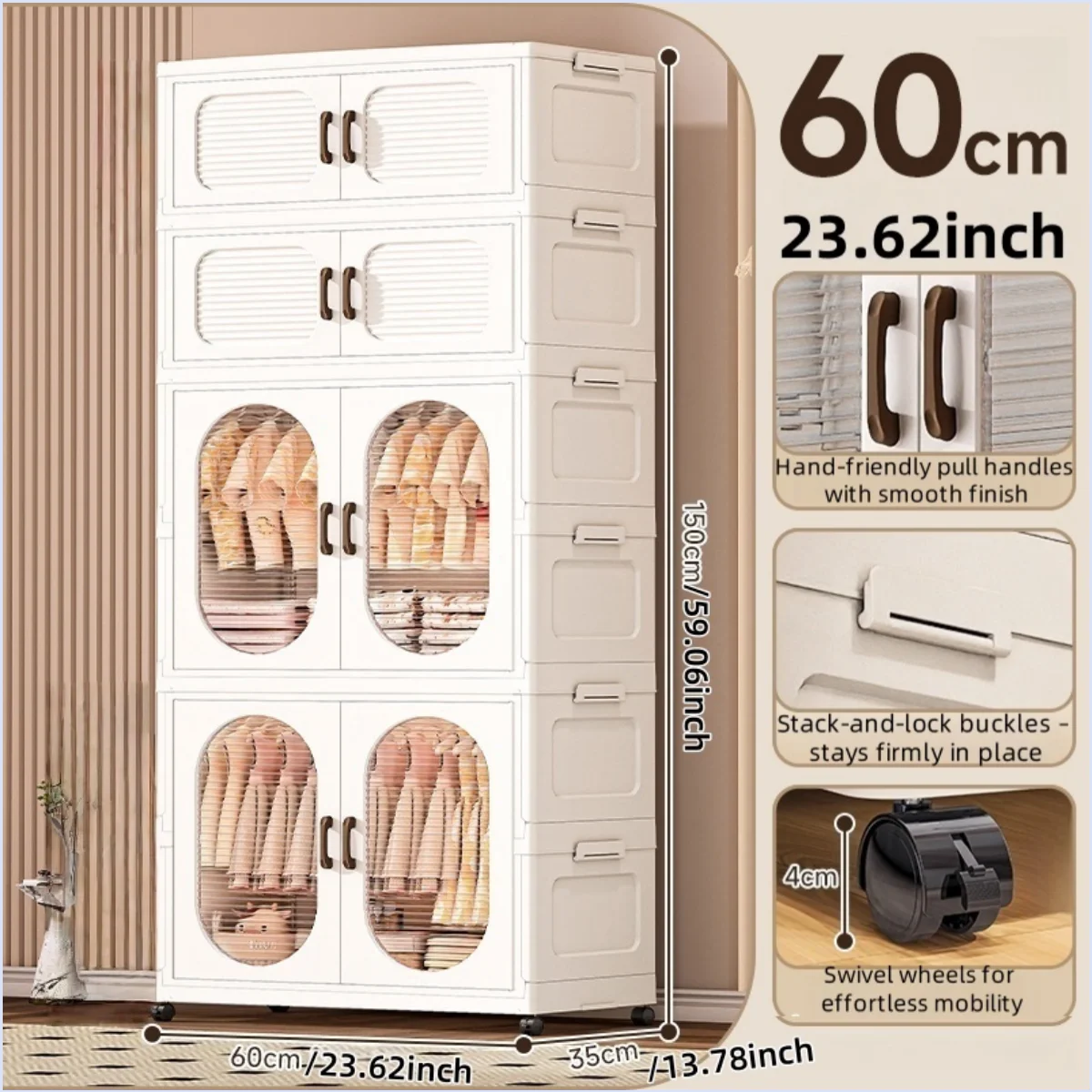 60cm Double-Door Foldable Wardrobe with Wheels - Large Capacity Magnetic Closure Storage for Clothes/Quilts, Bedroom/Living Room Oasis Select 2 cabinets 2 drawers