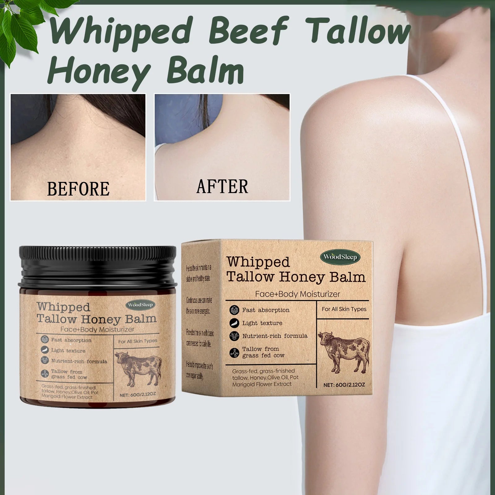 Whipped Beef Tallow Honey Balm Deeply Moisturizer Brightening Fast Absorption Grass Fed Grass Finished Face Cream Body Lotion Oasis Select