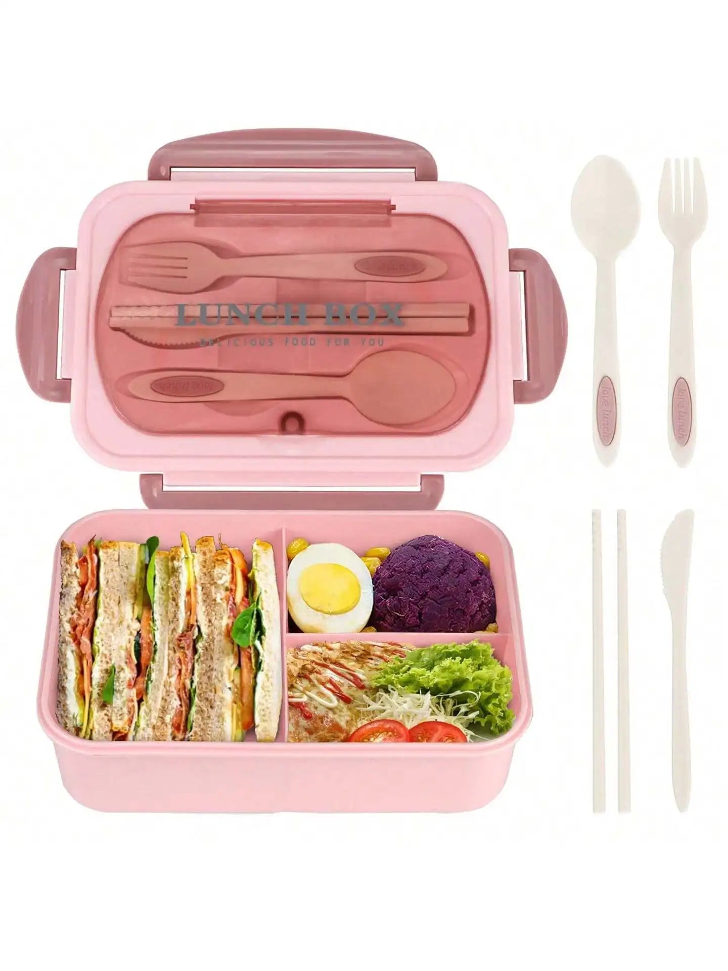 1Pc Bento Box Adult Lunch Box With 4 Compartments,Utensils, Sauce Jar, Muffin Liners, Microwave&Dishwasher Safe, Back To School Oasis Select Pink 1200ml