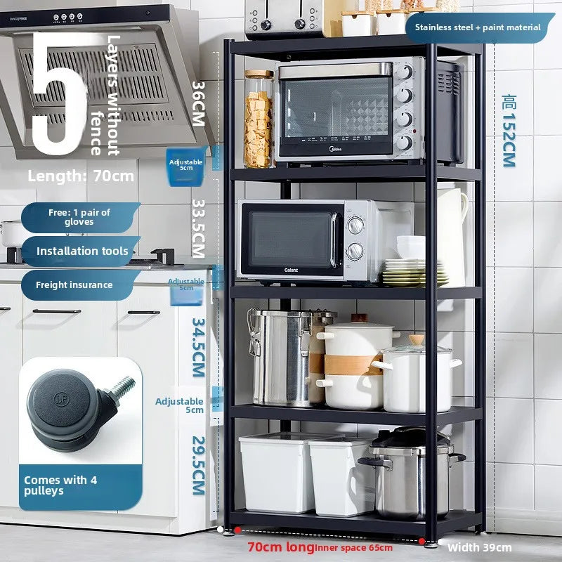 Multi-functional Kitchen storage rack Floor-to-ceiling multi-layer storage rack Stainless steel microwave oven rack Pot rack Oasis Select Black-5-70