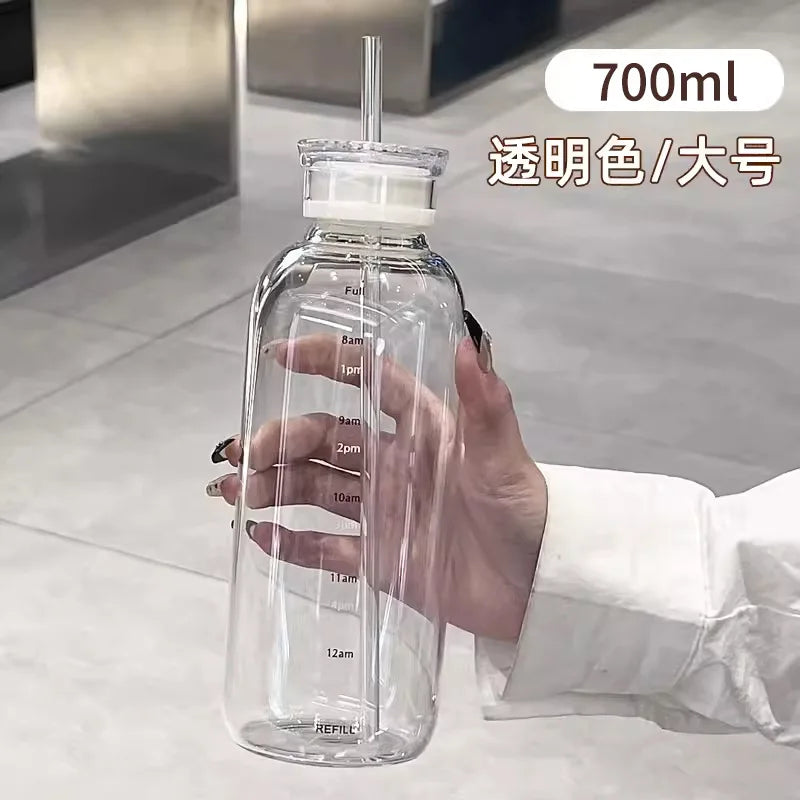 300/500/750ml Large Glass Water Bottle with Straw 2 Lids Clear Kawaii Drinking Bottle Leakproof Iced Coffee Cup for Woman Girl Oasis Select White-700ML <0.25L