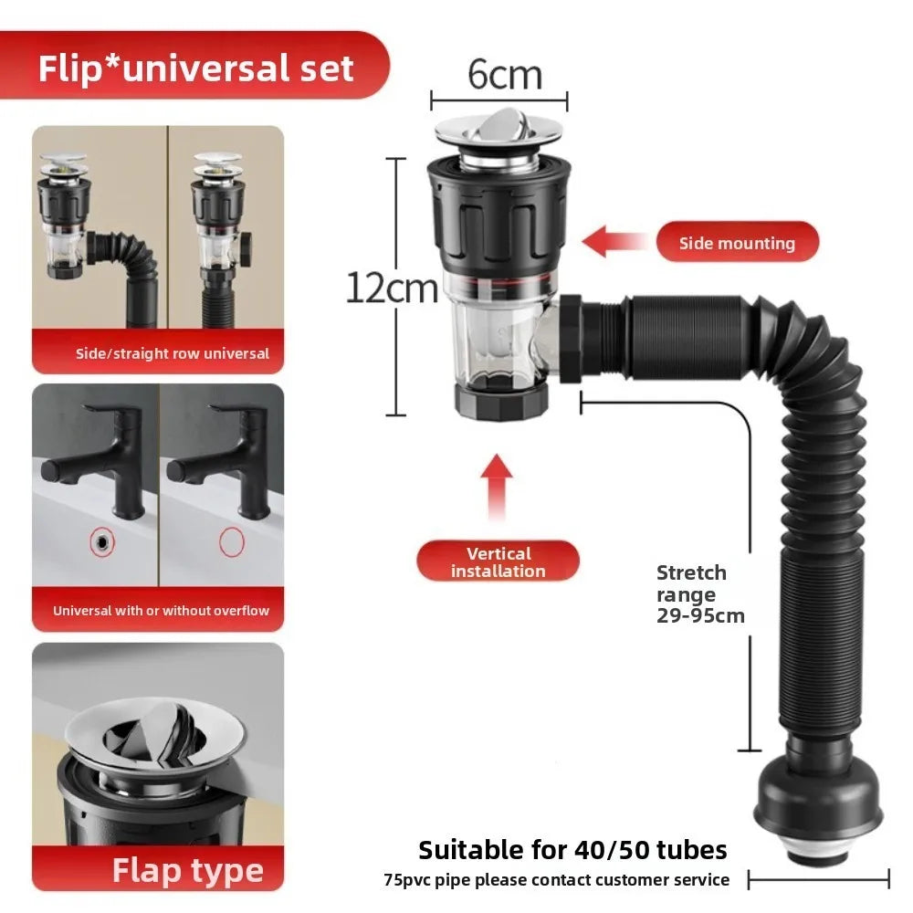 Retractable Flip Top Drain Pipe Stainless Steel Mesh Adjustable Length Kitchen Water Hose Strainer Flexible Oasis Select Black-style1