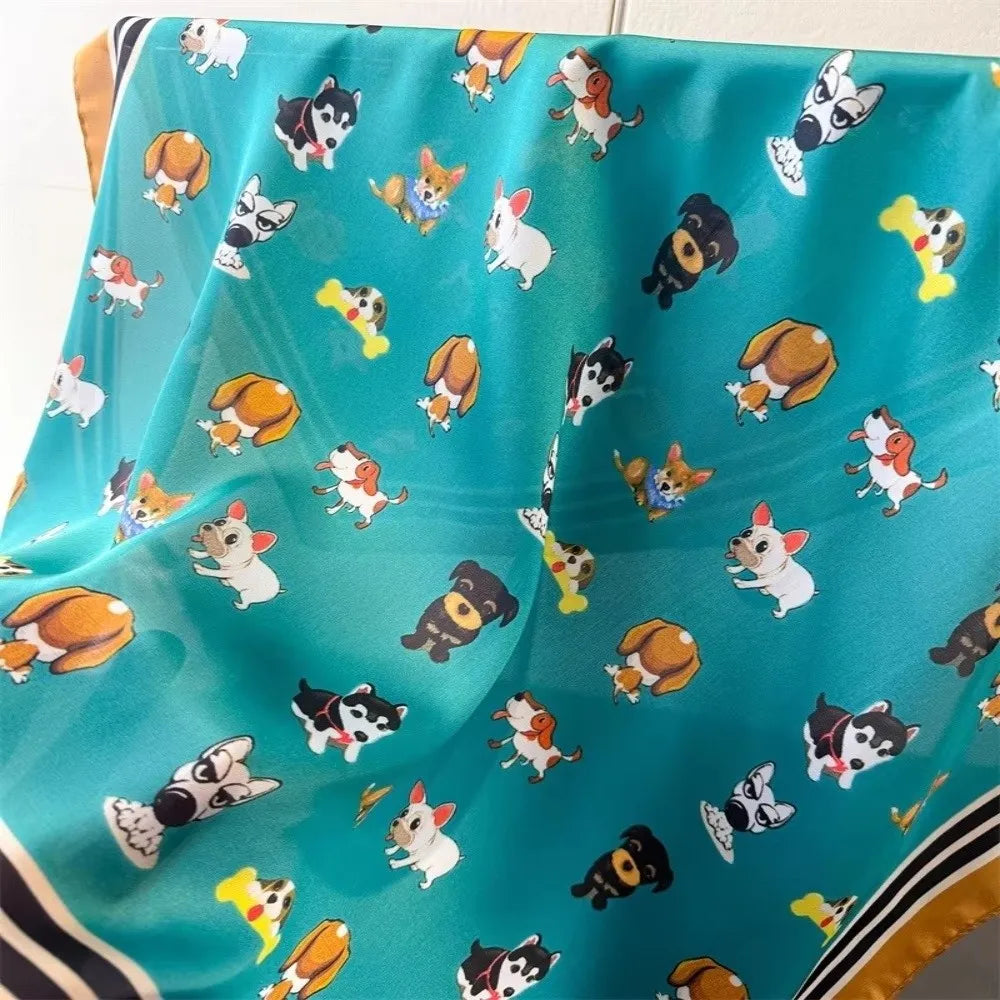 Cute 70x70cm Women Square Scarf Soft Silk Satin Cartoon Dog Print Shawl Hijab Fashion Accessory Oasis Select