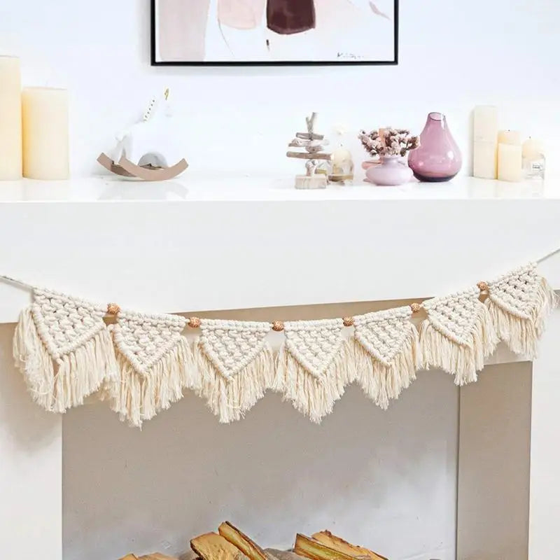 Hand-woven Boho Macrame Tapestry Wall Macrame Macrame Garland Banner with Wood Beads Home Wall Art Decoration for Apartment Oasis Select