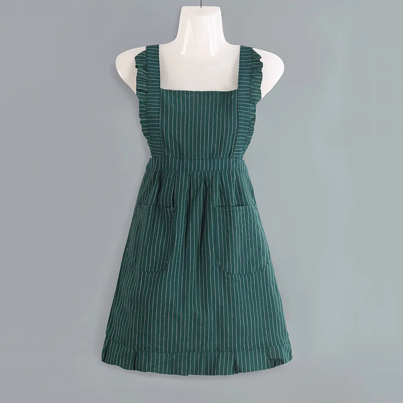 Japanese Korean Cute Lovely Cotton Kitchen Ruffled Aprons, Vintage Baking Apron with Pockets for Chef Cooking Baking Gardening Oasis Select green