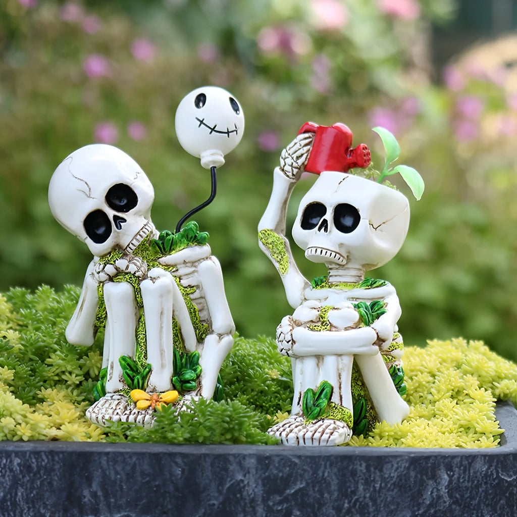Outdoor Little Skeleton Thinking Statue Set of 2 Pieces, Fun Garden Skeleton Decorations, Suitable for Halloween in the House Oasis Select