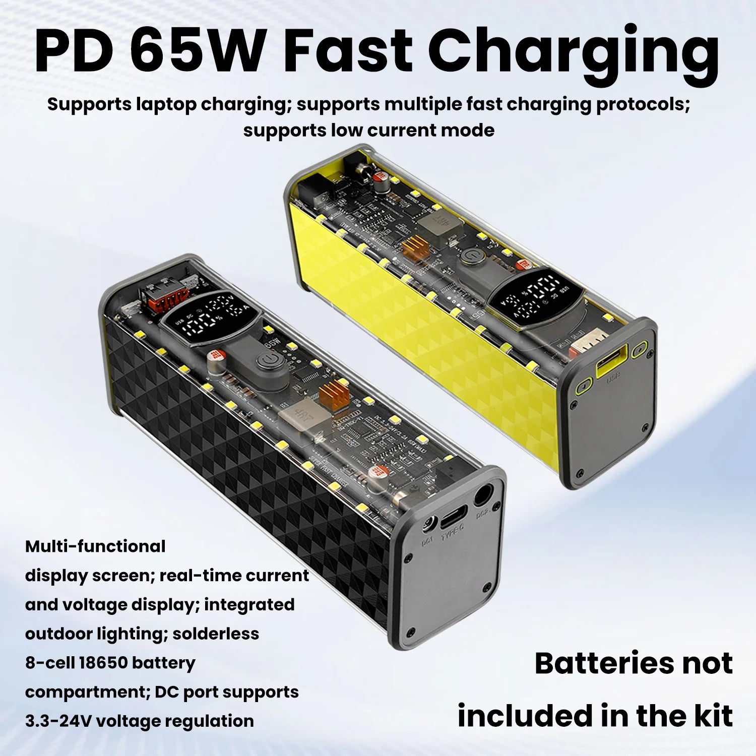 PD 65W DIY Battery Box DC Port Fast Charging Transparent Power Bank Shell Weld-Free 8-Cell 18650 Battery Case Oasis Select