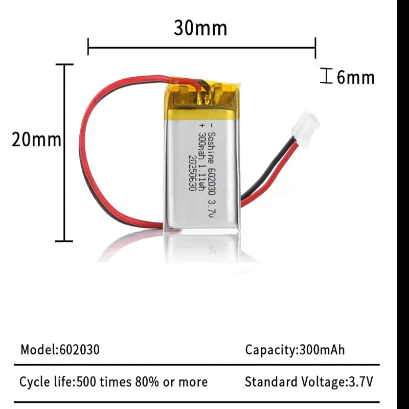 patozm 602030 300mAh Lithium Rechargeable Battery 3.7V Li-ion Polymer Battery for Bluetooth Headset Speaker Monitor Self-Timer Oasis Select