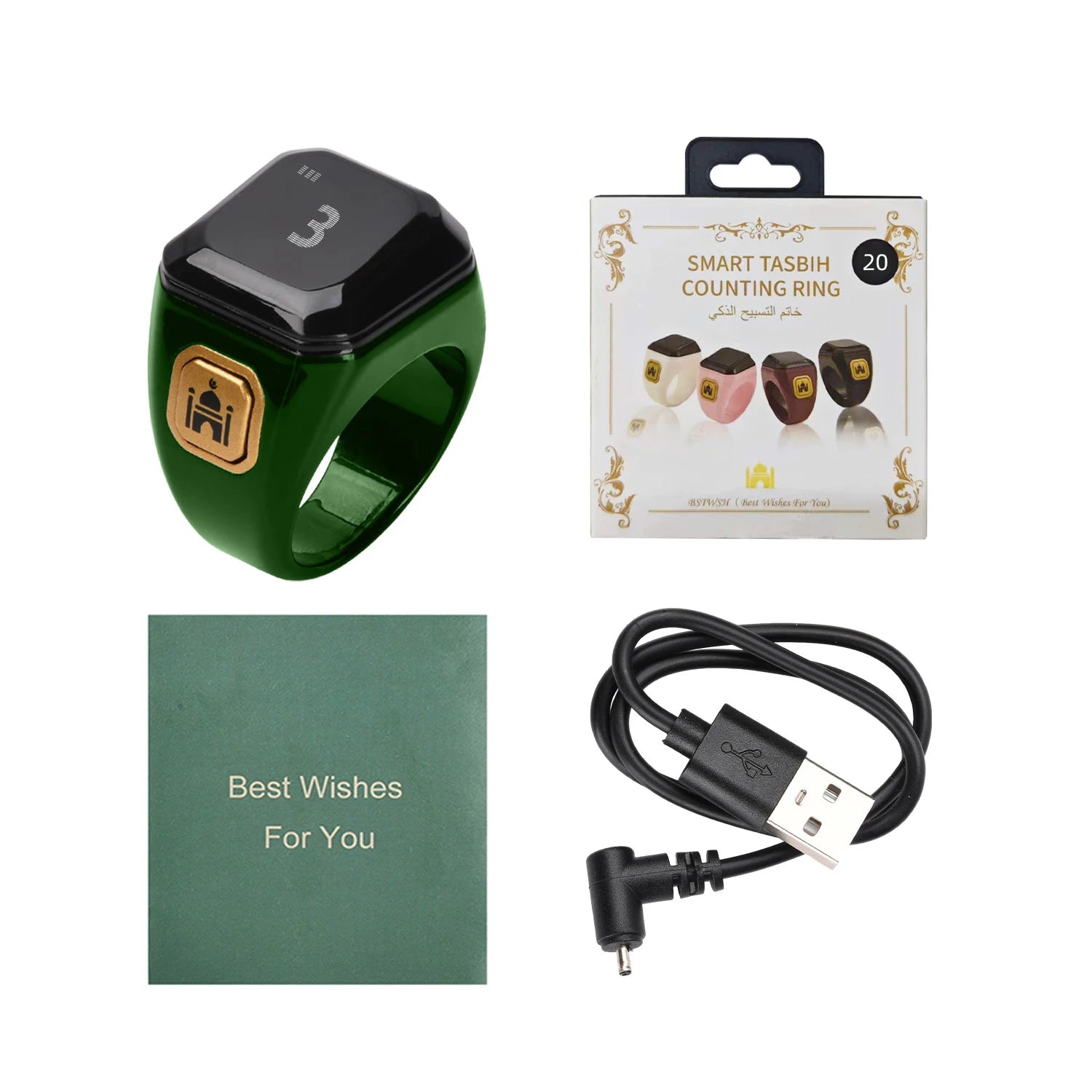Smart Bluetooth App Ring Counter OLED Digital Display Alarm Clock Prayer Time Vibration Reminder Muslims Zikr Tally Counters Oasis Select Green