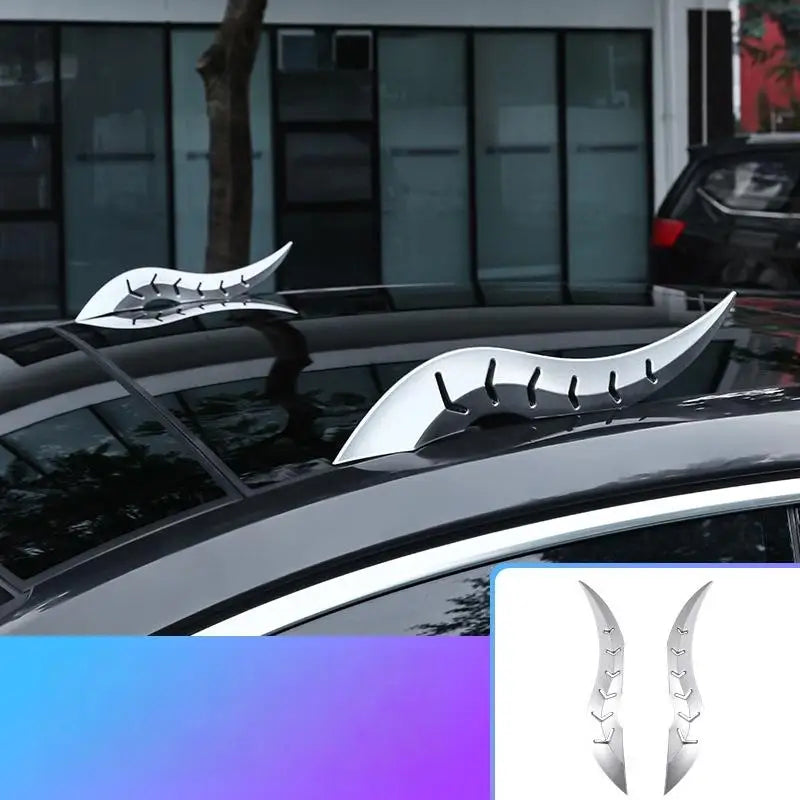 2Pcs Personalized Universal Car 3D Dragon Horn Roof Decoration Creative & Cool Car Exterior Accessories With 3D Ox Horn Stickers Oasis Select Silver