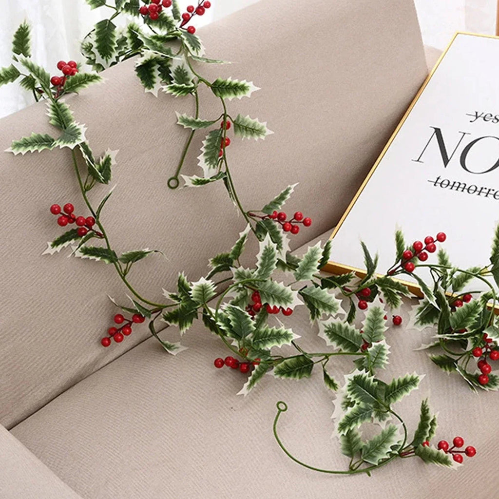 2M Christmas Garland String Light Artificial Red Berry Holly Leaves DIY Rattan Wreath For Xmas New Year Holiday Home Decoration Oasis Select