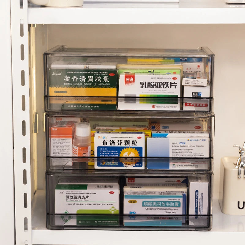 1pc gray drawer acrylic medicine storage box, large capacity stackable medicine sorting box, pull-out medicine box Oasis Select