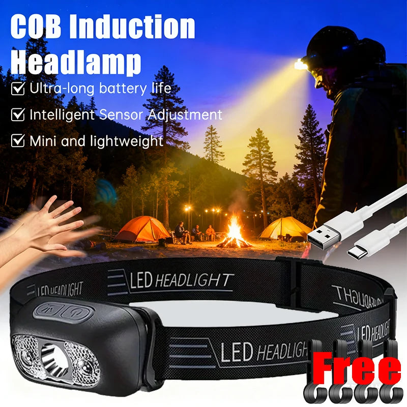 Strong Light Headlamp Portable LED Sensor Headlamp USB-C Rechargeable Head Flashlight Outdoor Camping Fishing Emergency Lantern Oasis Select