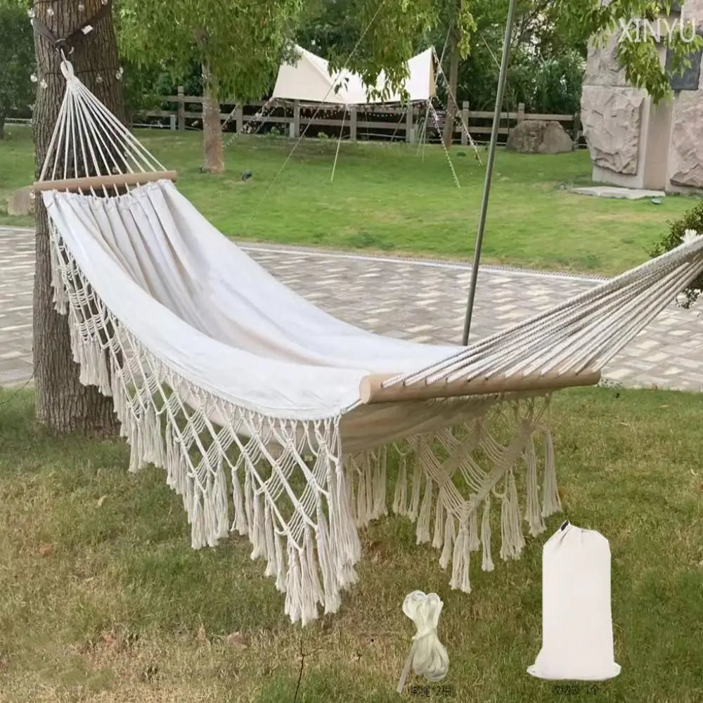 Large Double Deluxe Hammock Boho Style with Woven Tassels 2 Person Hammock Thickened Hanging Bed Canvas Swing Chair Bedroom Oasis Select