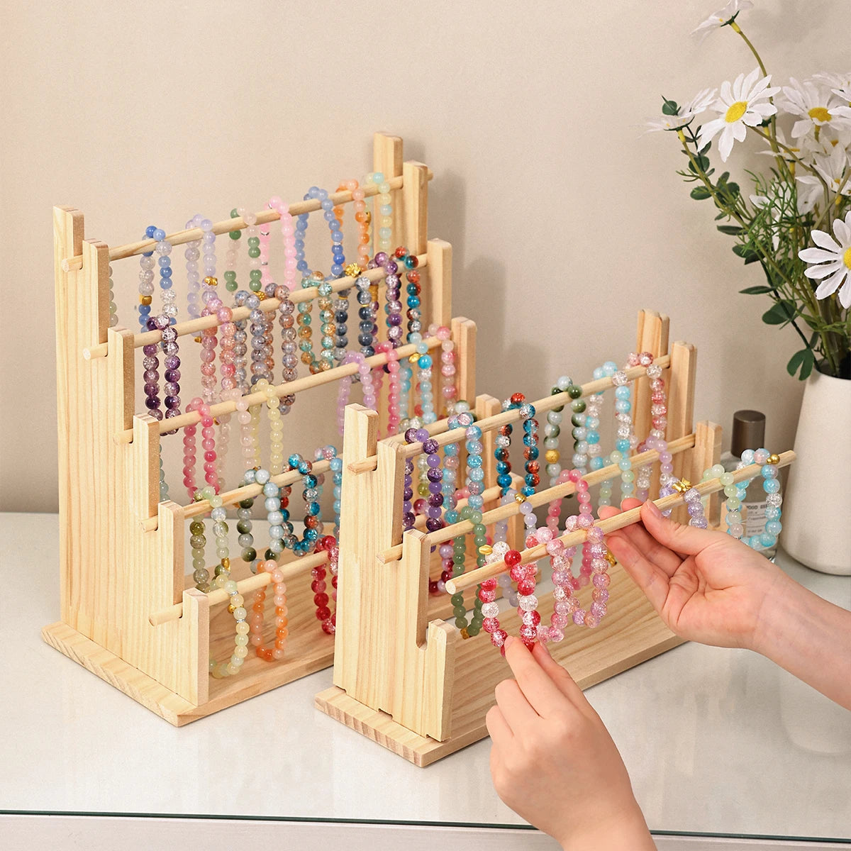 1pc Multi-Functional Wooden Bracelet Tiered Display Stand Head Hairband Jewelry Hanging Rack Bracelet Display Prop Festive Gift Oasis Select