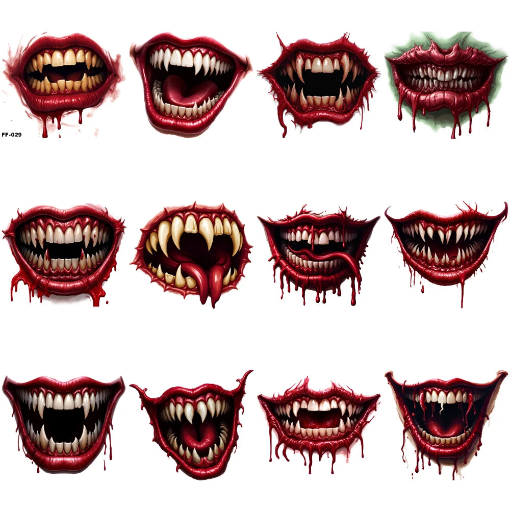 12-Pack Halloween Vampire Mouth Temporary Tattoos | 3D Waterproof