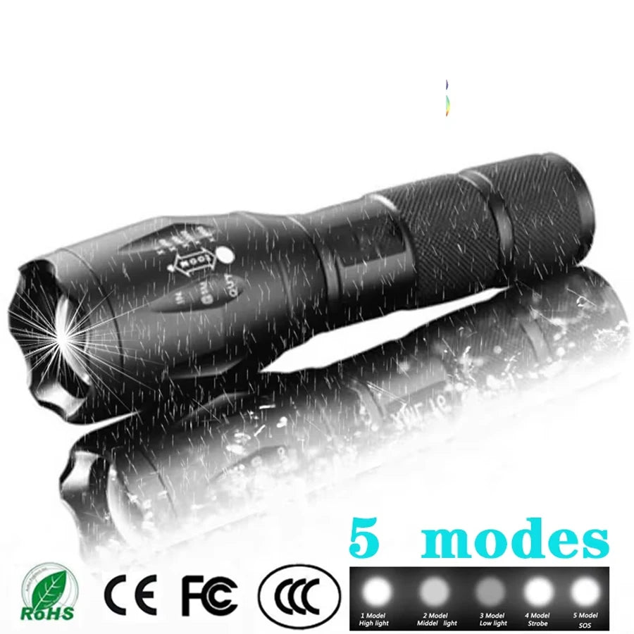 High Power T6 LED Flashlights Camping Torch 5 Light Modes Zoom Light Aluminum Alloys Waterproof Material External 18650 Battery Oasis Select