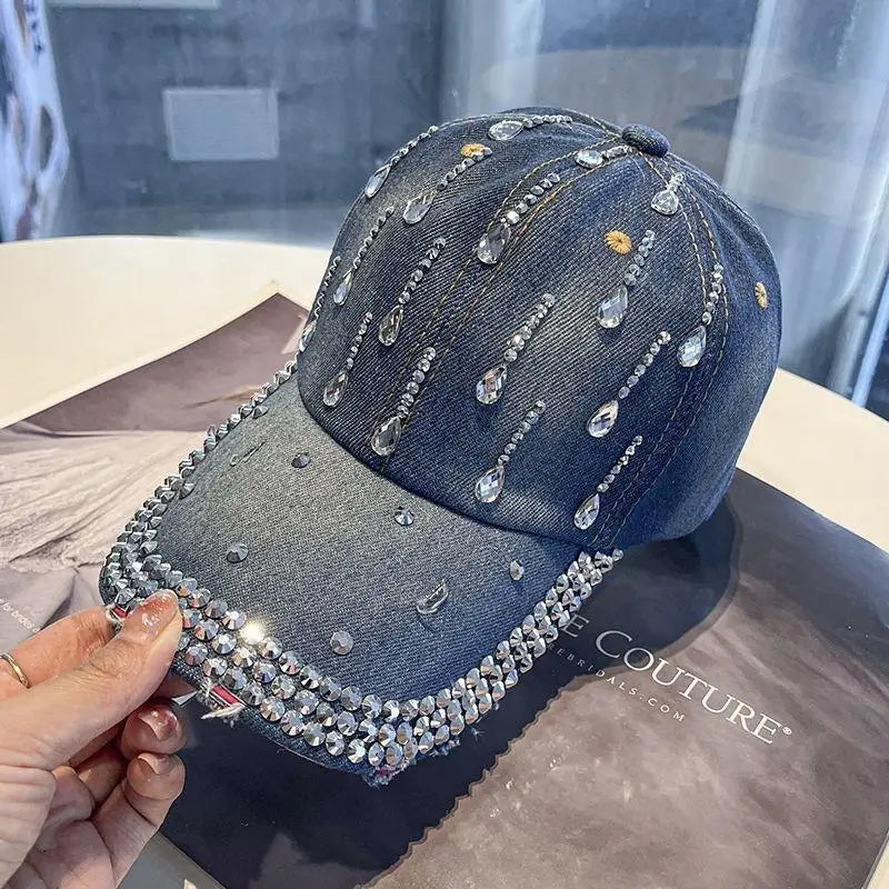 Sparkling Rhinestone Denim Baseball Cap for Women Bling Crystal Decor Adjustable Casual Outdoor Sun Hat Adjustable Cowboy Hat Oasis Select A1