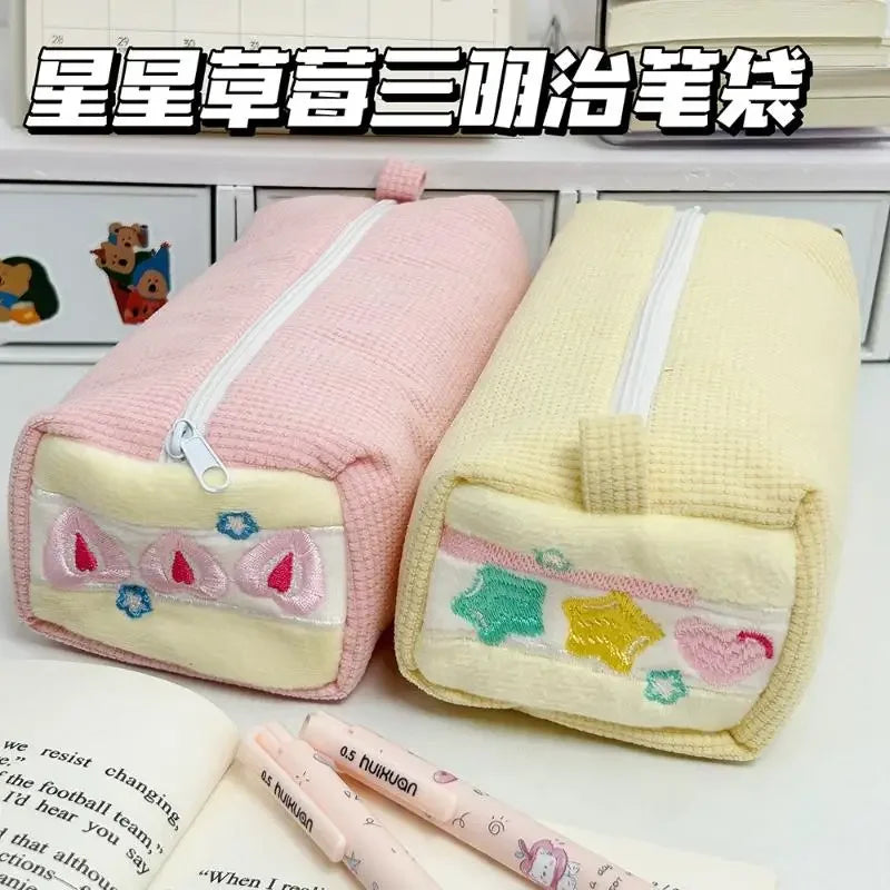 High Quality Corduroy Pen Bag Embroidery Multi-functional Pencil Case Large Capacity Stationery Organizer Students Oasis Select