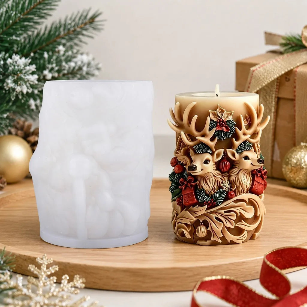 Double Deer Candle Mold Flexible Christmas Candle Mold Cylindrical Silicone Candle Mold Soft For Christmas Home Decoration Oasis Select