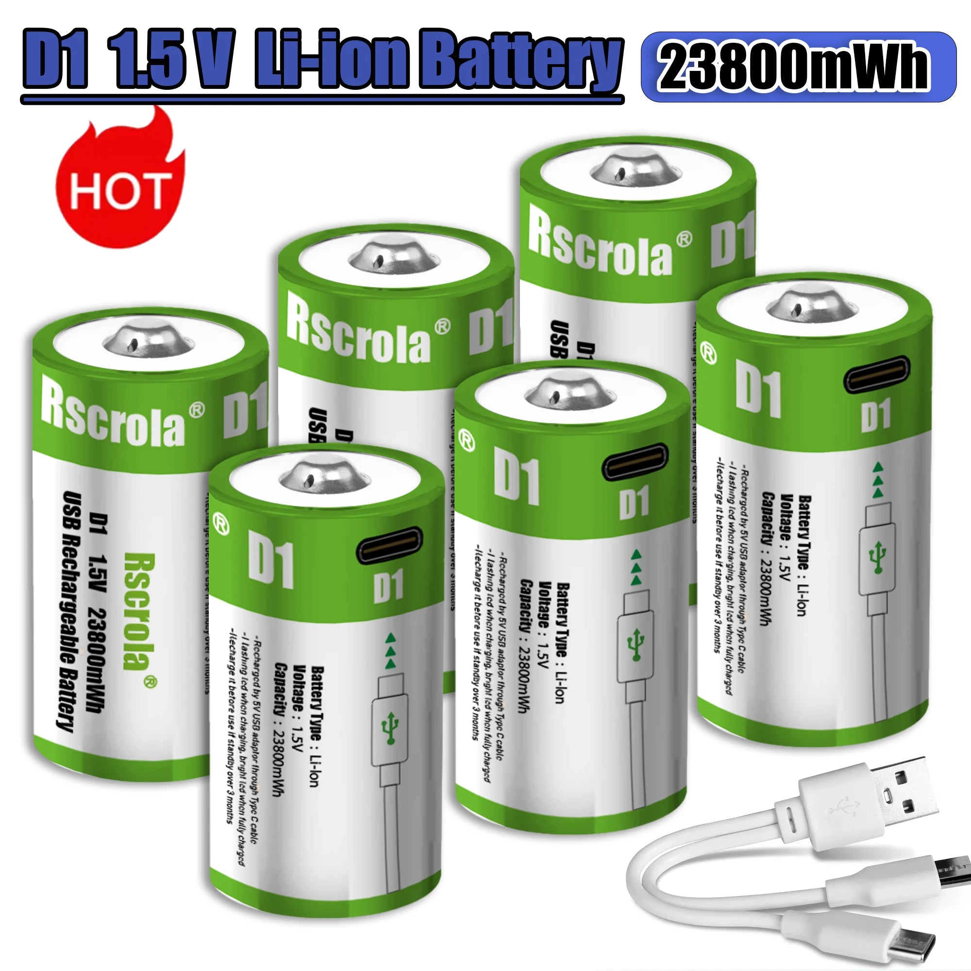 1.5V 23800mWh USB Rechargeable D Size Battery LR20 D Cell Lithium Battery for Gas Cooker Water Heater Flashlight Radios Oasis Select