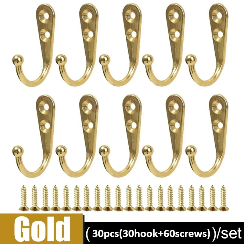 30pcs/set Heavy Duty Metal Wall Hooks with Screws, Garage Garden Storage Hanger for Tools Coats, Wall Mounted Alloy Hook,Gancho Oasis Select 30 set Gold