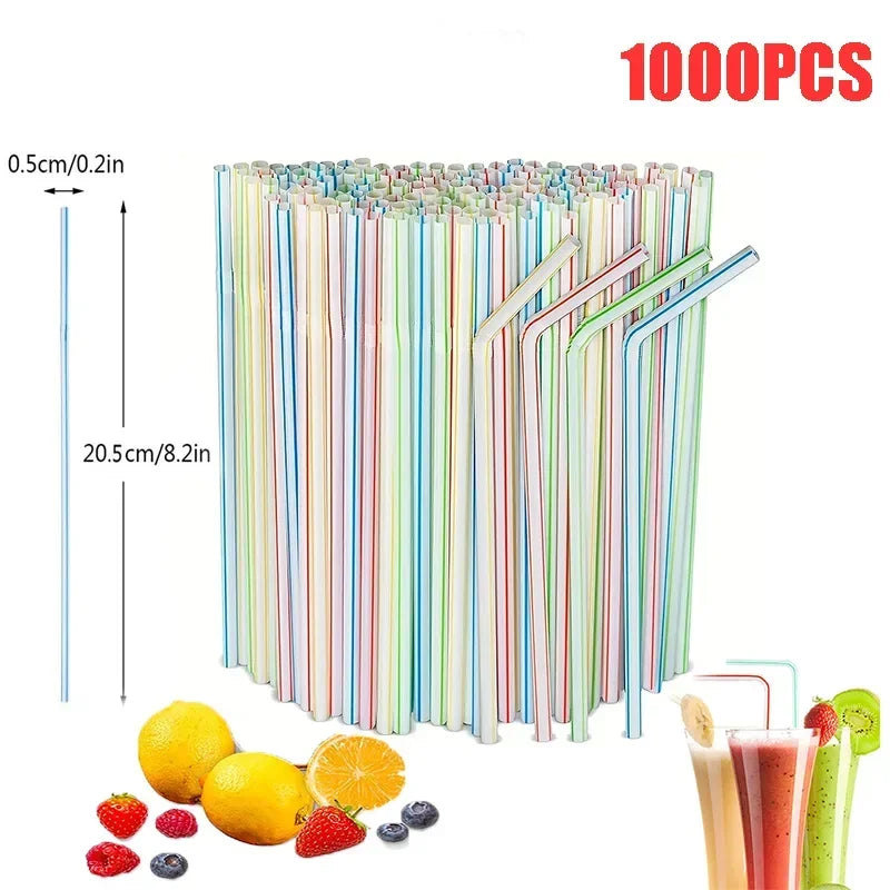 Disposable Plastic Curved Drinking Straws Reusable Child Straw for Drinks Colorful Drinking Tube Multi-time Straw Party Supplies Oasis Select 1000PC-Stripe