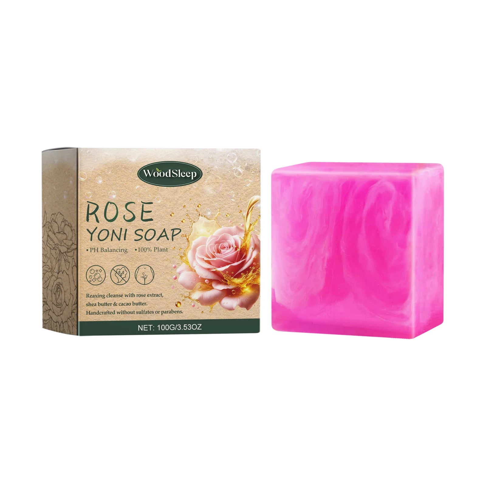 WoodSleep Rose-scented soap: for feminine intimate care, female skin care, bathing and cleansing, relieving odors and itching. Oasis Select 100g boxed