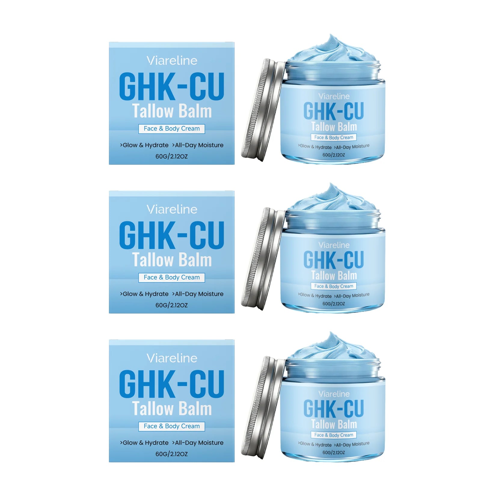 VIARELINE GHK-CU Beef Tallow Balm – Hydration & Skin Repair Moisturizing Balm Cream Oasis Select 3pcs