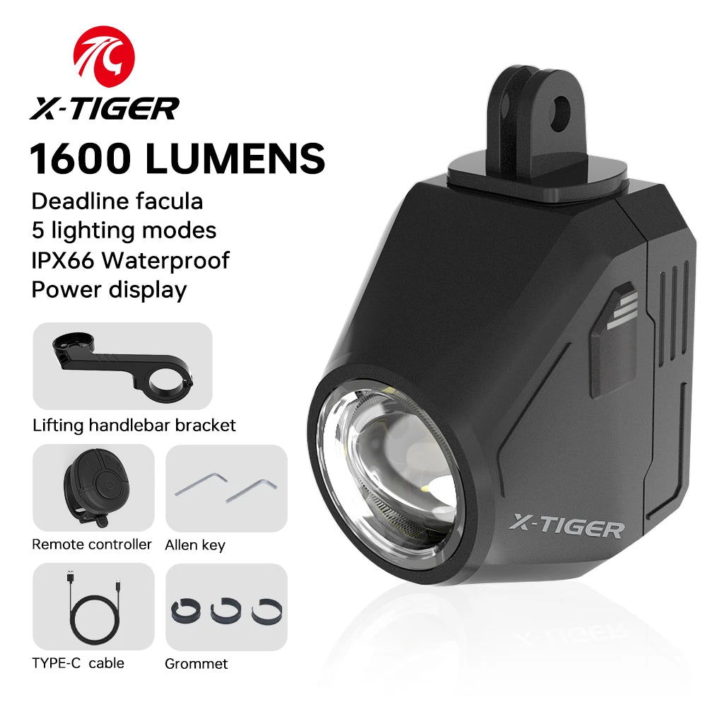 X-TIGER Bike Light 1600 Lumens Super Bright IP66 Waterproof Bicycle Lights Wireless Remote Control MTB Road Bike Front Light Oasis Select QD-2501