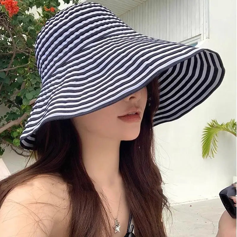 Striped Wide Brim Sun Hat Fisherman Cap Lightweight Summer Sun Hat for Women Color-block Striped Fisherman Hat for Beach Journey Oasis Select