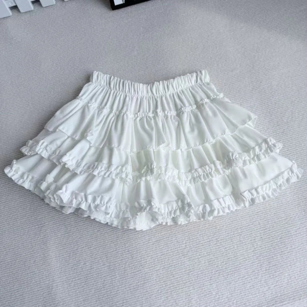 Elegant High Waist Pleated Bubble Skirt A Line Ruffle Hem A Line Skirt Short Pleated Design Puffy Cake Skirt Harajuku Style Oasis Select White M