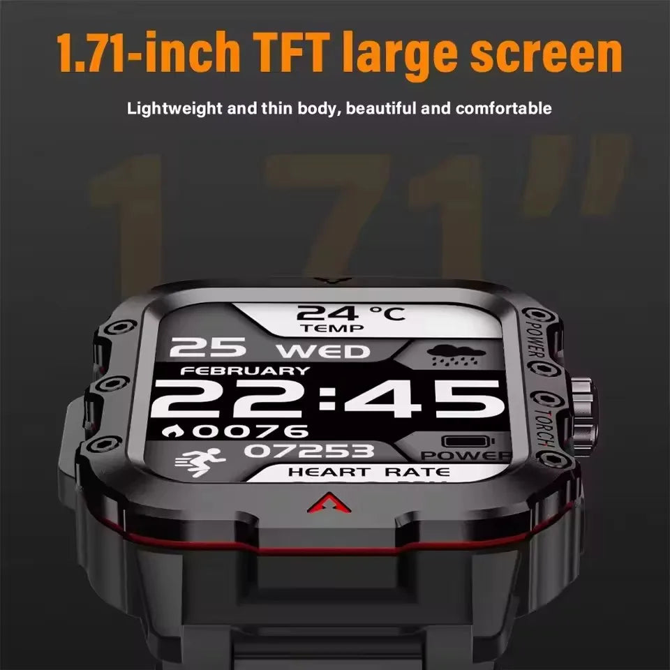 Rugged Military Smartwatch – Bluetooth Call, AI Voice, IP68 Sport