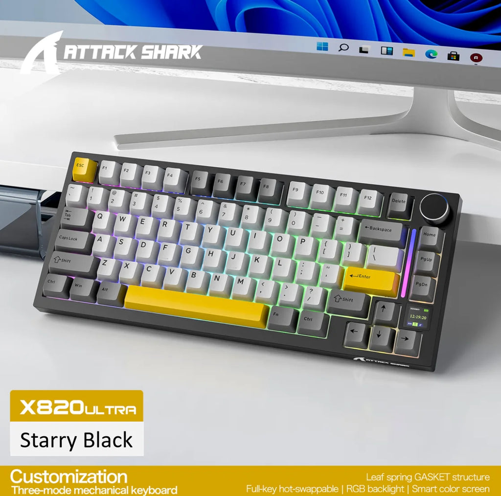ATTACK SHARK X820Ultra Wireless Mechanical Keyboard Smart Color Screen& Knob,Tri-Mode, Gasket Mount, Hot-Swappable&RGB Oasis Select Starry Black