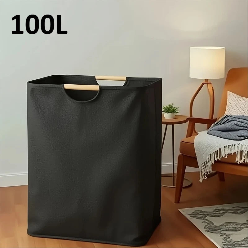 Foldable Laundry Basket,Extra Large Storage Hamper with Wooden Handles,Collapsible Organizer for Bathroom Bedroom Laundry Hamper Oasis Select Black-100L