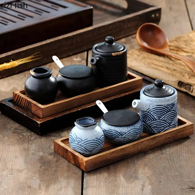Ceramic Spice Jar Salt and Pepper Shakers Wooden Tray Seasoning Box Home Kitchen Tools Spice Organizer Jars Kitchen Accessories Oasis Select