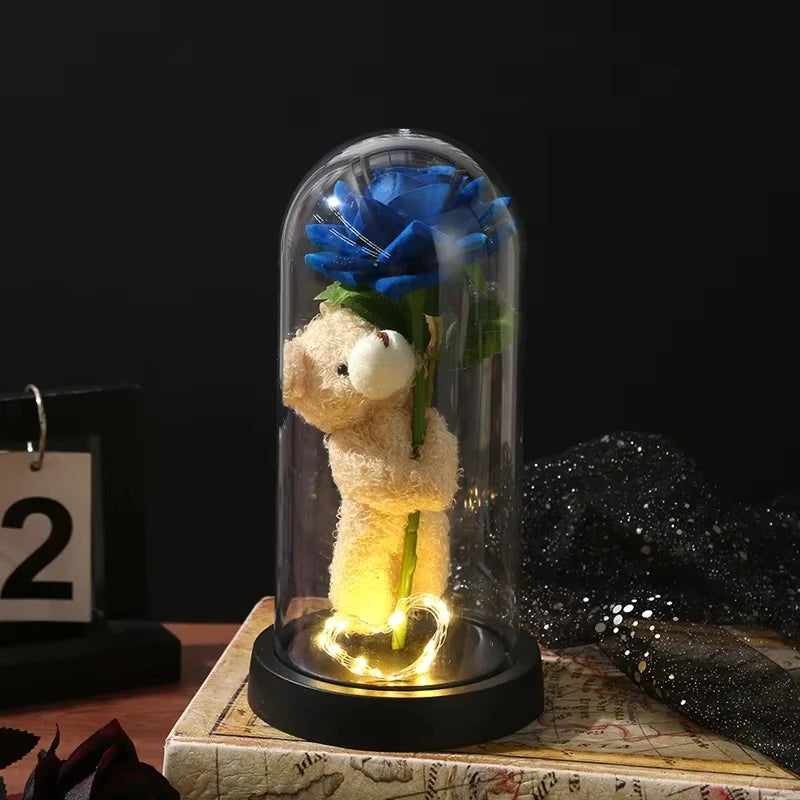 Eternal Rose in Glass Dome Artificial Flower with Bear Desk Accessories Christmas Valentine's Day Gifts Party Favors Oasis Select
