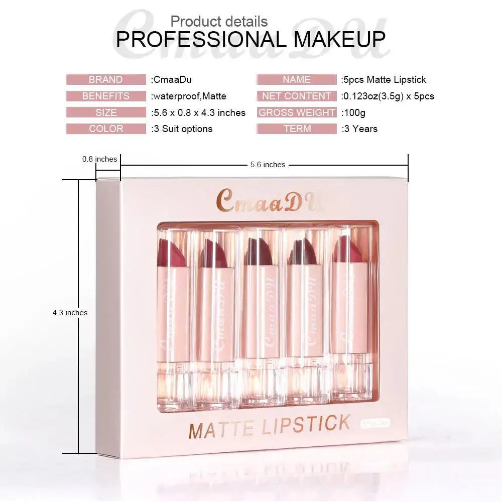 CmaaDu 5-Piece Velvet Matte Lipstick Set – Waterproof & Long-Lasting