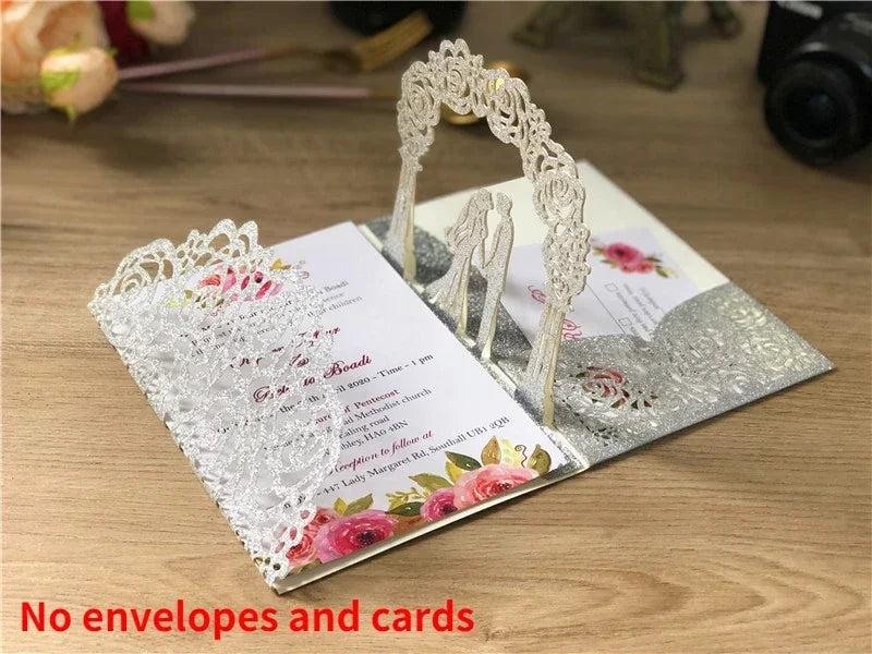 3D Bride and Groom Rose Gold Pop Up Wedding Invitations Laser Cut Greeting Cards Envelope Bridal Shower Invitation Cards Oasis Select Glitter-Silver
