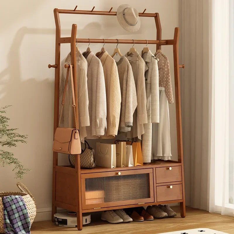 Multi-functional Bedroom coat hanger, floor-standing household mobile wheeled coat rack, retro indoor multi-functional coat rack Oasis Select