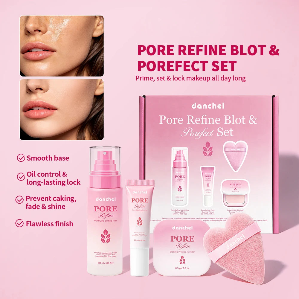 Makeup Set Oil Control Matte Finish Pore Blurring Primer, Setting Spray, Press Powder, Powder Puff 4-pieces Makeup Combo Kit Oasis Select
