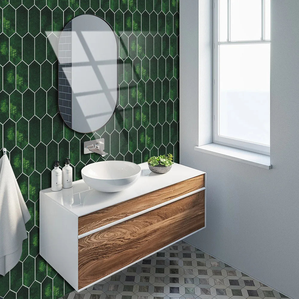 Retro dark green diamond arrow shaped crystal ceramic tile paste self-adhesive floor paste home kitchen renovation wall paste Oasis Select