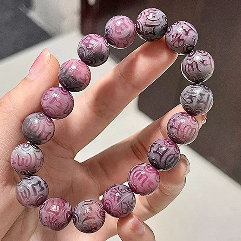 Natural Purple Bodhi Root Beaded Bracelet Buddhist Beads Rosary Beads Carved Lucky Jewelry Oasis Select