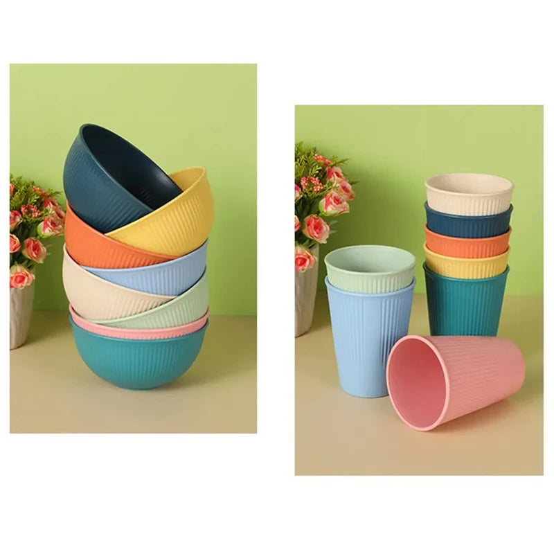 4pcs Wheat Straw Dinnerware Set Eco-friendly Safety Plates Cups Bowels Home Party Tableware Set Outdoor Camp Candy Colour Gift Oasis Select