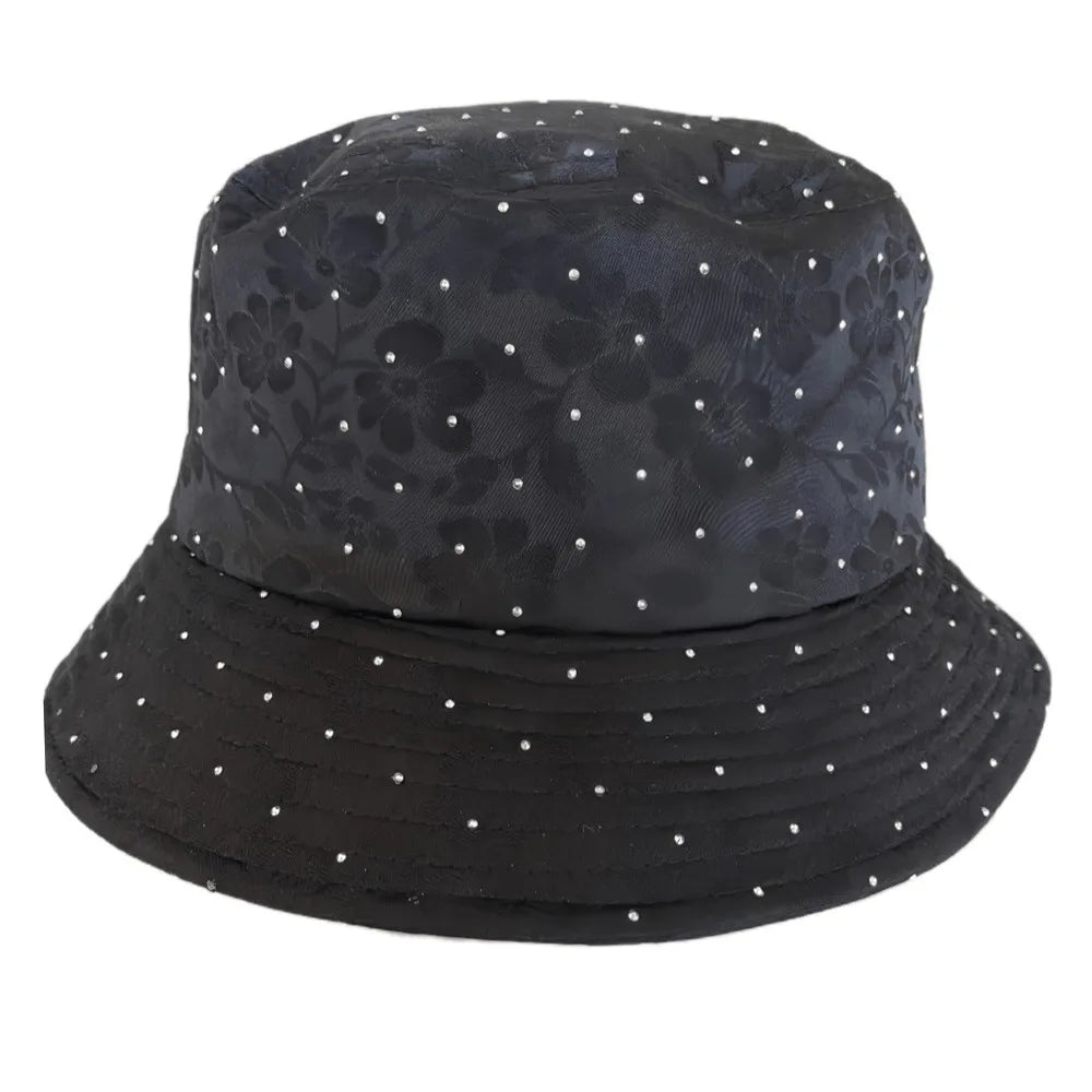 Elegant Floral Print Women Bucket Hat Rhinestone Decor Breathable Floral Print Fisherman Hat Sunscreen Protection Comfortable Oasis Select Black
