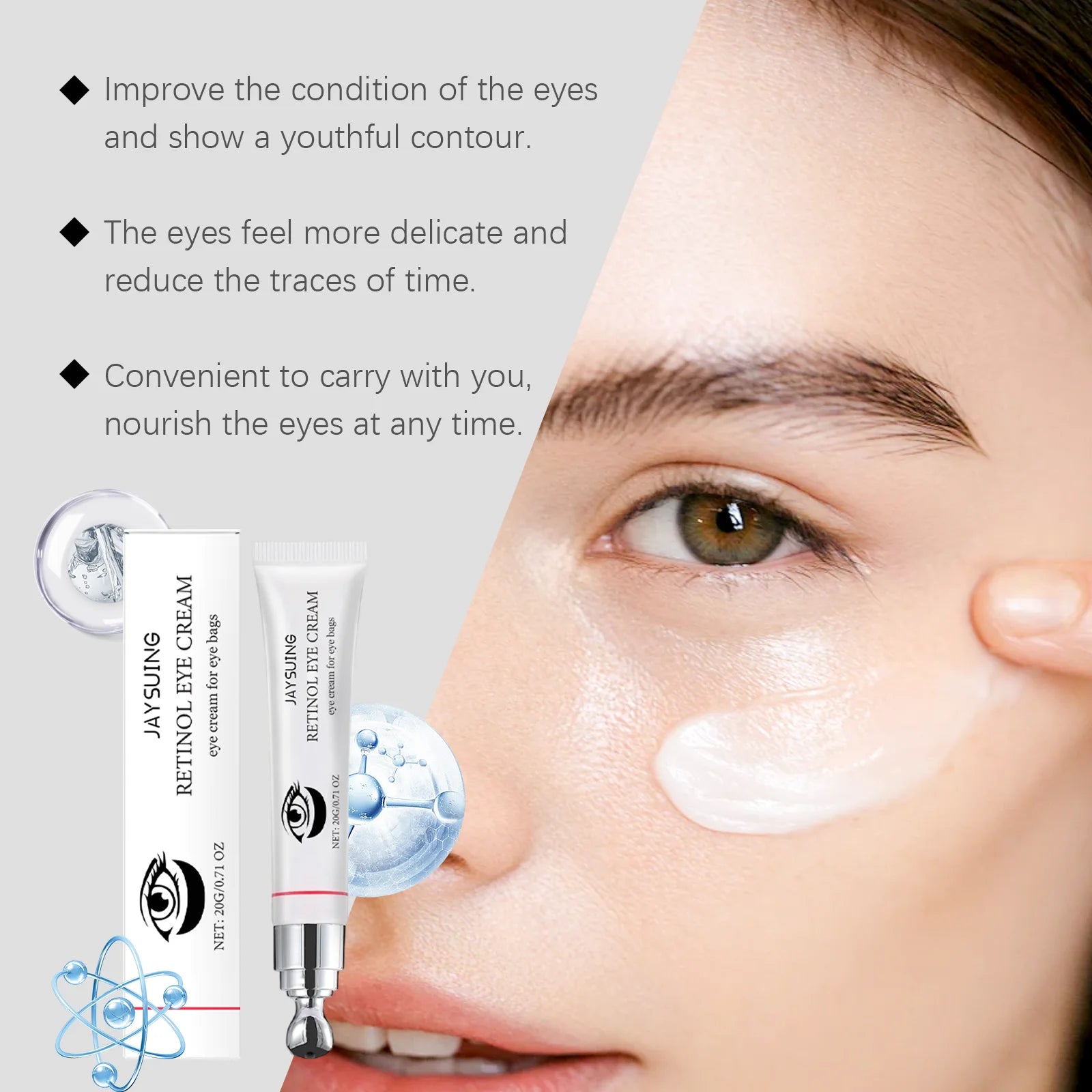 Jaysuing Retinol Roller Eye Cream Reduce Eyes Puffiness Moisturizing Care Cream Brightening Firming Lifting Under the Eyes Cream Oasis Select