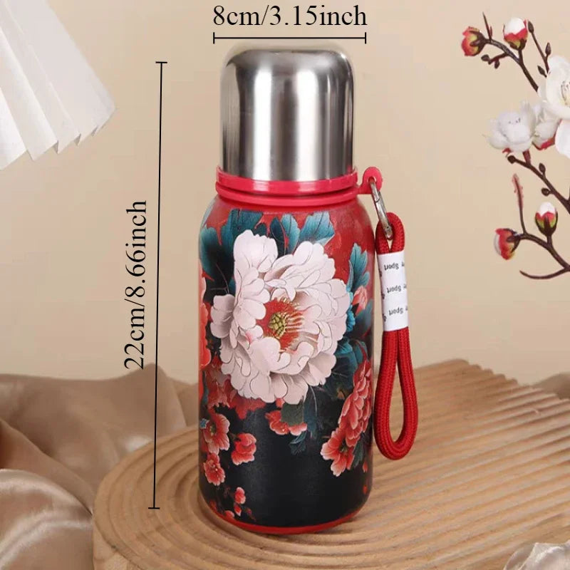 Retro Chinese Rose Printed Stainless Steel Insulated Cup Large Capacity Portable Car Insulated Water Cup Oasis Select Peony Rose 600ml 501-600ml