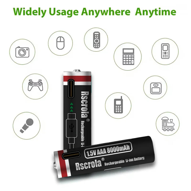 1.5V AAA 8000mAh Lithium Battery - USB Type-C Rechargeable for Portable Speakers, Gamepads, Clocks & Flashlights Oasis Select